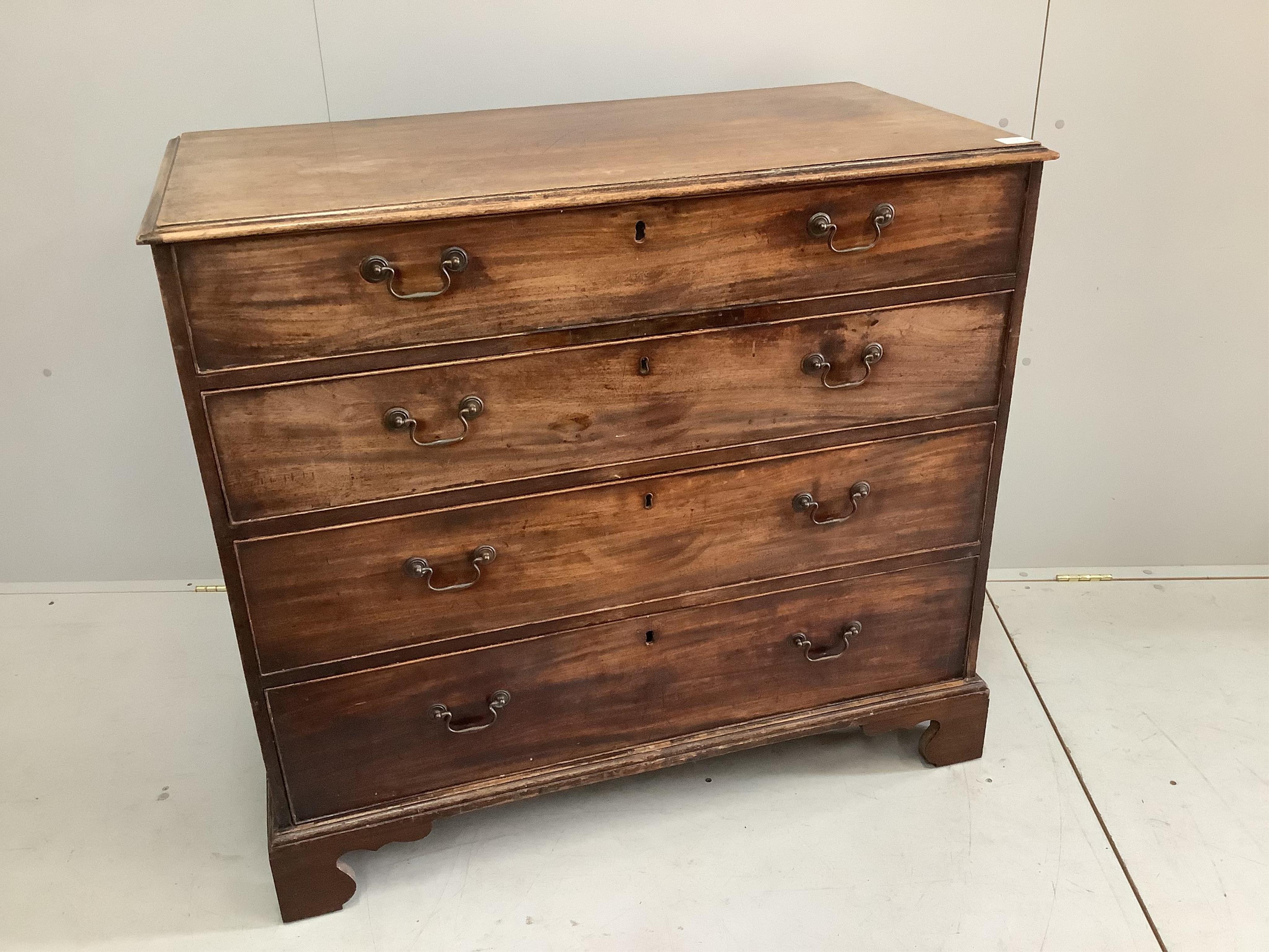 A George III mahogany four drawer chest, width 108cm, depth 55cm, height 97cm. Condition - fair